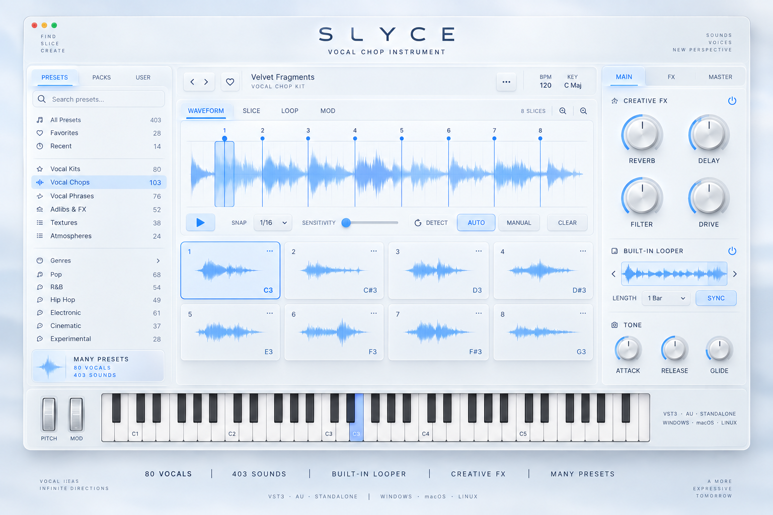 Slyce vocal chop instrument showing its sample browser, waveform slicer, playable pads, effects and keyboard
